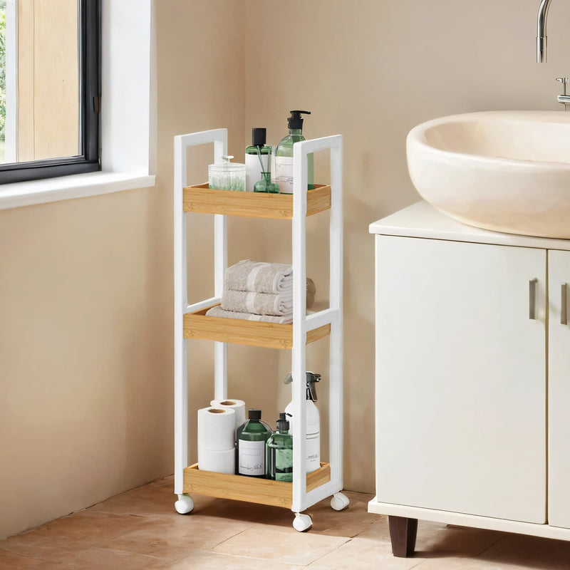 Slim 3 Tier Bathroom Storage Trolley with Wheels Space Saving Design by Songmics