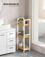 Slim 3 Tier Storage Trolley White and Natural Wood Finish for Kitchen or Bathroom by Songmics