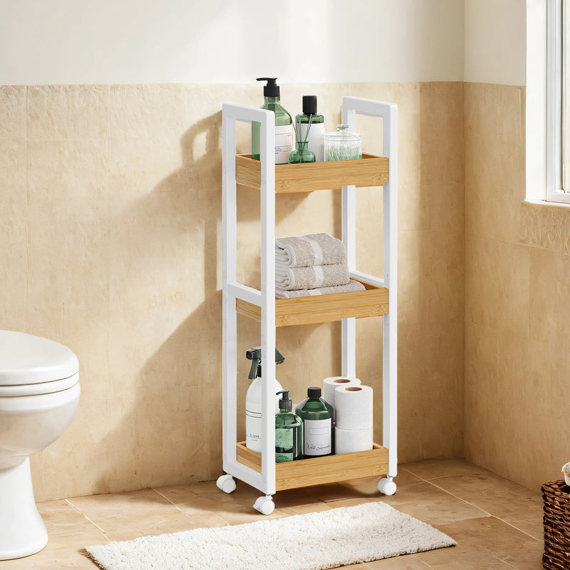 Slim 3 Tier Bathroom Storage Trolley with Wheels Space Saving Design by Songmics