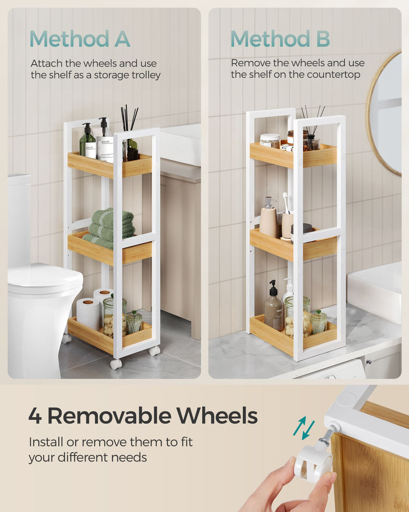 Slim 3 Tier Storage Trolley White and Natural Wood Finish for Kitchen or Bathroom by Songmics