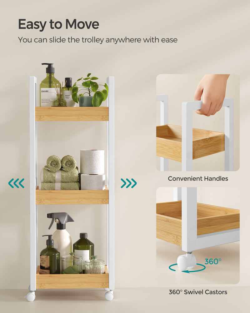 Slim 3 Tier Storage Trolley White and Natural Wood Finish for Kitchen or Bathroom by Songmics