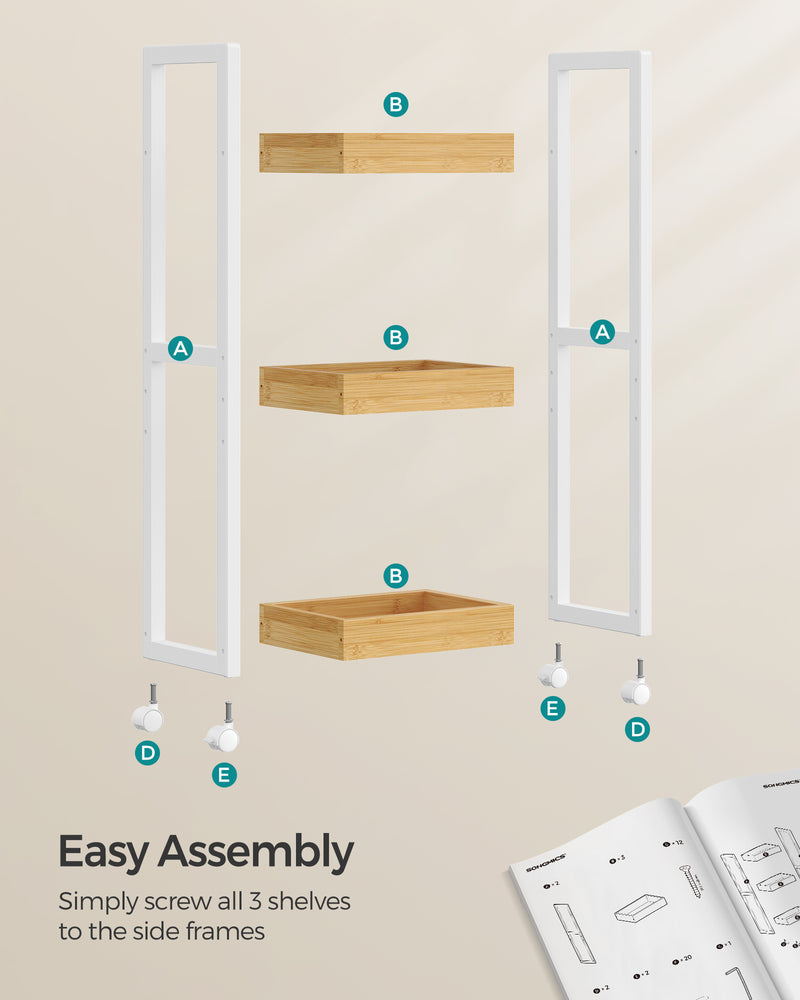 Slim 3 Tier Storage Trolley White and Natural Wood Finish for Kitchen or Bathroom by Songmics
