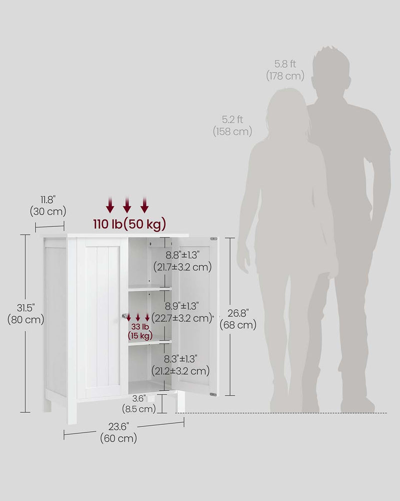 White Double Door Bathroom Cabinet with Adjustable Shelves and Storage by Vasagle, 60 x 30 x 80cm