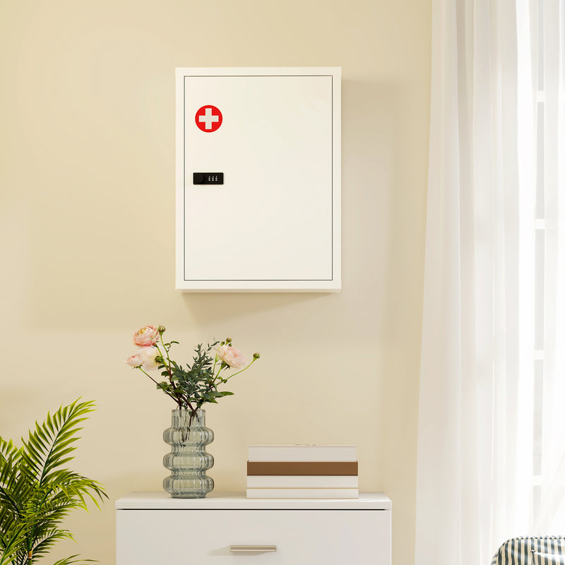 Locking Medicine Cabinet with Combination Code for Safe Organised Storage White Red