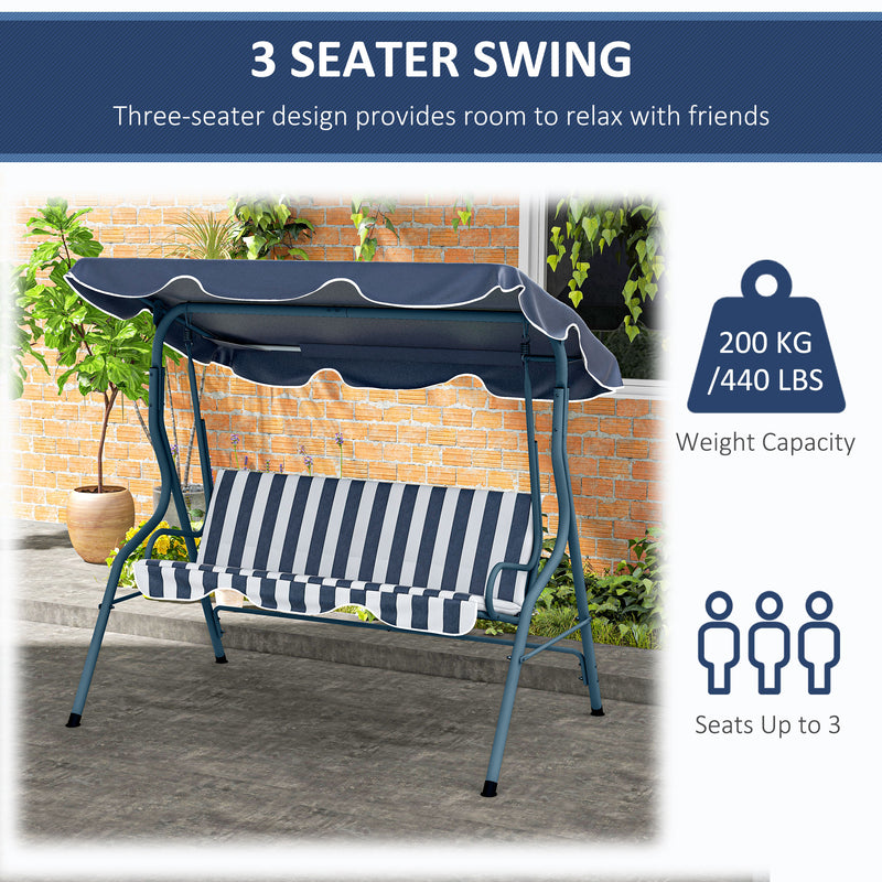 3 Seater Garden Swing Chair with Adjustable Canopy and Steel Frame for Outdoors, Blue Stripes