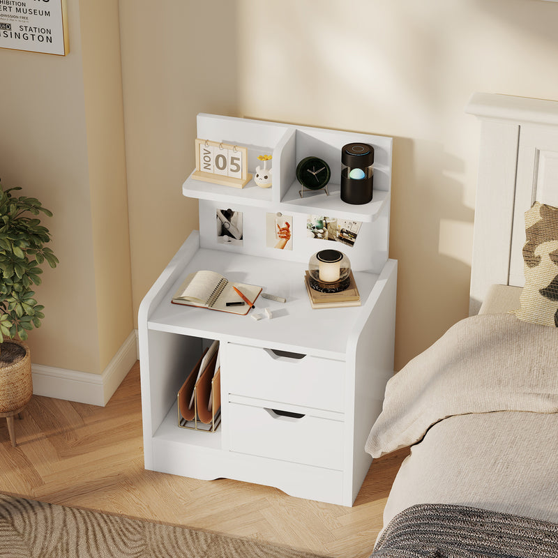 Modern Bedside Table with 2 Drawers and Open Storage Shelves for Bedroom White