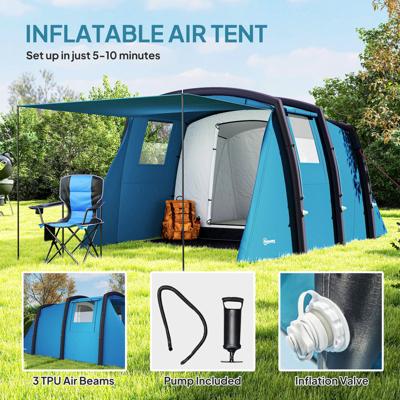 Inflatable Family Camping Tent Quick Pitch Waterproof Shelter with Living Area Blue