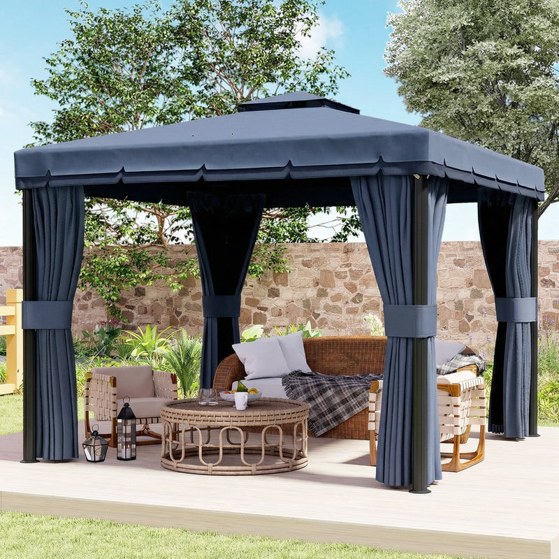 3x3m Metal Garden Gazebo with Curtains and Insect Netting for Outdoor Dining and Relaxing, Dark Blue Outsunny