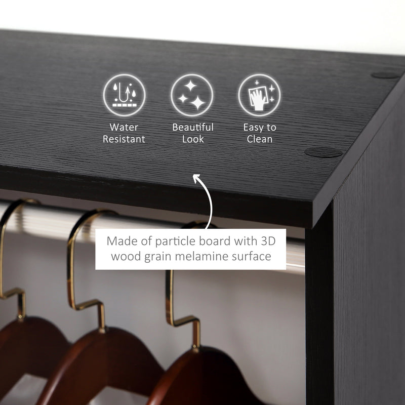 Black Double Open Wardrobe With 6 Wheels And Shelves For Mobile Bedroom Storage