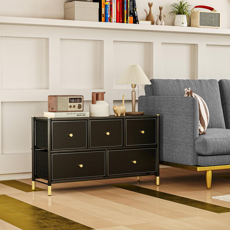 Black Faux Leather Chest of 5 Drawers With Gold Handles by HOMCOM