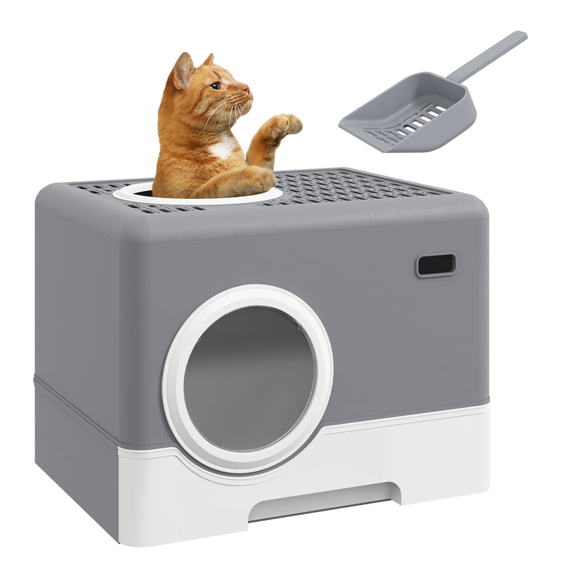 Enclosed Cat Litter Box With Pull Out Tray Scoop And Top Entry For Easy Cleaning, Grey