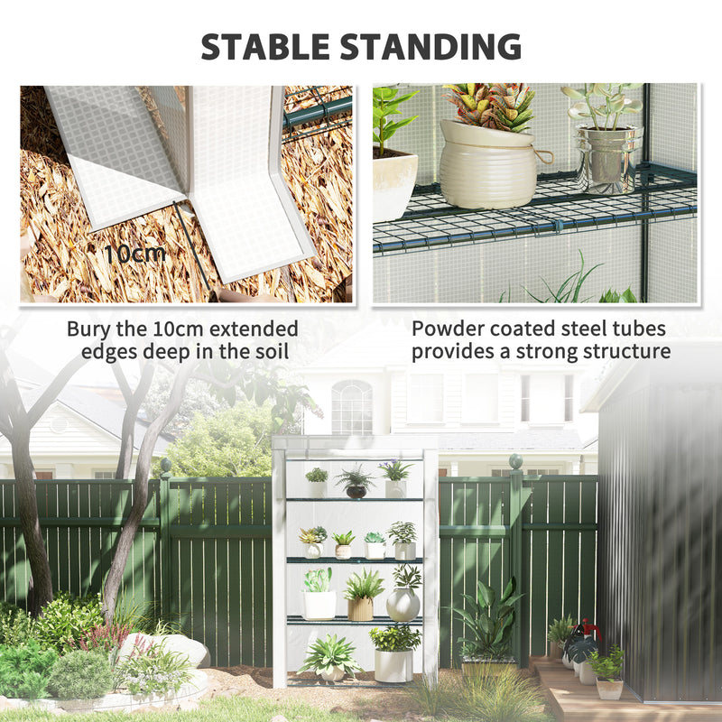 4 Tier Lean to Mini Greenhouse with Reinforced PE Cover and Roll-Up Door Grey by Outsunny