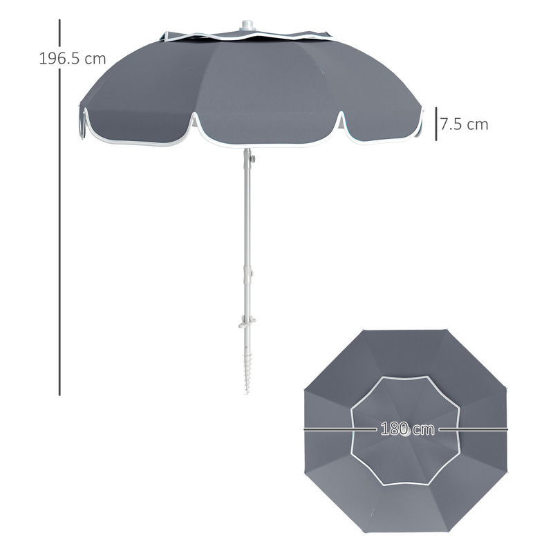 Grey Beach Umbrella with Sand Anchor Adjustable Tilt UPF50+ UV Protection and Carry Bag by Outsunny