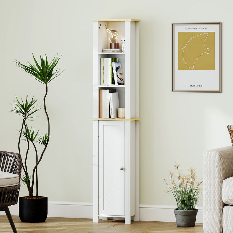 Slim Bathroom Storage Cabinet With Adjustable Shelf And Open Compartment, White