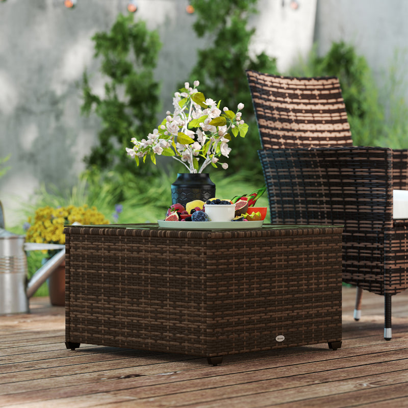 Brown Rattan Side Table with Glass Top 62 x 62cm for Garden or Patio by Outsunny