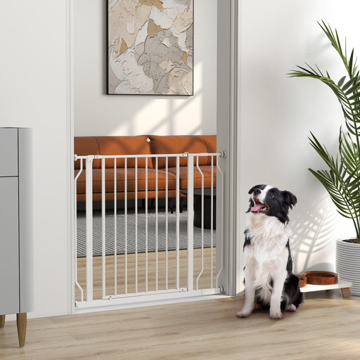 Wide Dog Safety Gate With Walk Through Door For Stairs And Hallways White