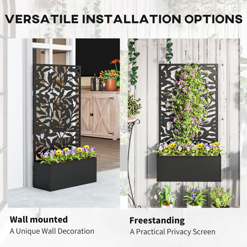 Outsunny Metal Garden Bed with Trellis, Wall Mounted or Freestanding Raised Planter with Privacy Panel, Black Outsunny
