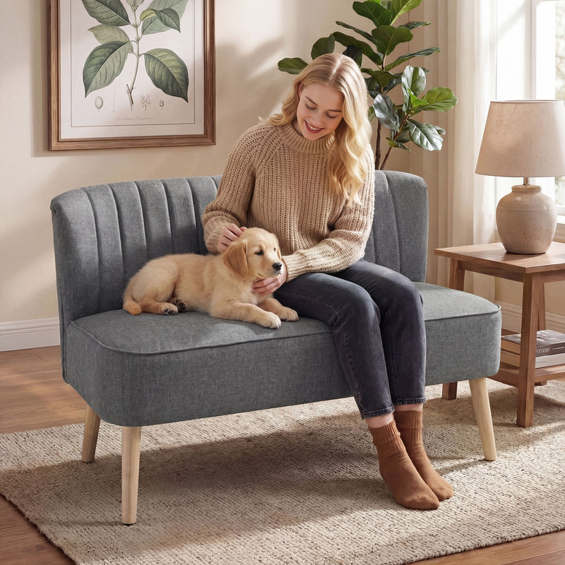 Loveseat Sofa for Small Spaces with Deep Cushions and Wooden Legs Grey AOSOM