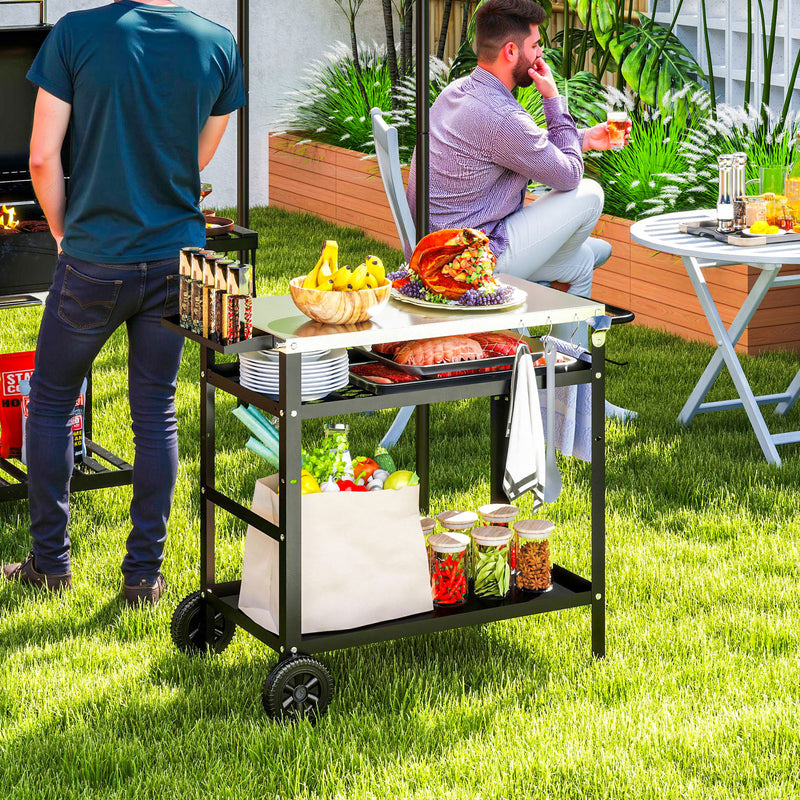 Black BBQ Trolley with Stainless Steel Top Adjustable Shelf and Storage by Outsunny