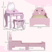 Kids Wooden Bedroom Furniture Set with Bed Dressing Table and Stool for Ages 3 to 6 Years, Pink