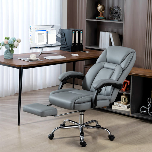 Reclining Faux Leather Office Chair with Footrest for Home Workstation Comfort Grey