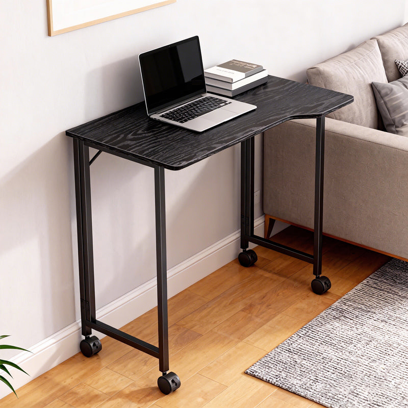 Compact Folding Desk on Wheels with Storage Shelf for Home Office or Study Black AOSOM