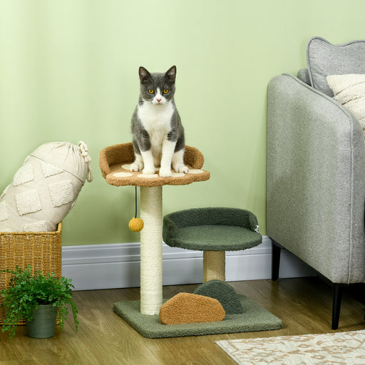 Small Cat Tree with Scratching Posts Two Beds and Toy Ball for Indoor Use, Grey