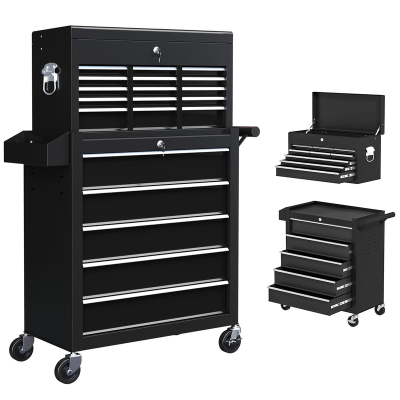 14 Drawer Rolling Tool Chest with Top Cabinet for Organised Garage Storage Black