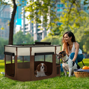 Foldable Dog Playpen with Storage Bag and Ground Stakes for Indoor Outdoor Use Brown