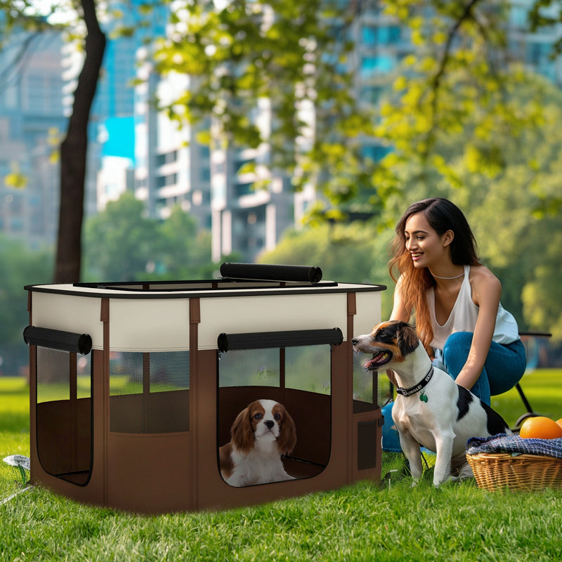 Foldable Dog Playpen with Storage Bag and Ground Stakes for Indoor Outdoor Use Brown