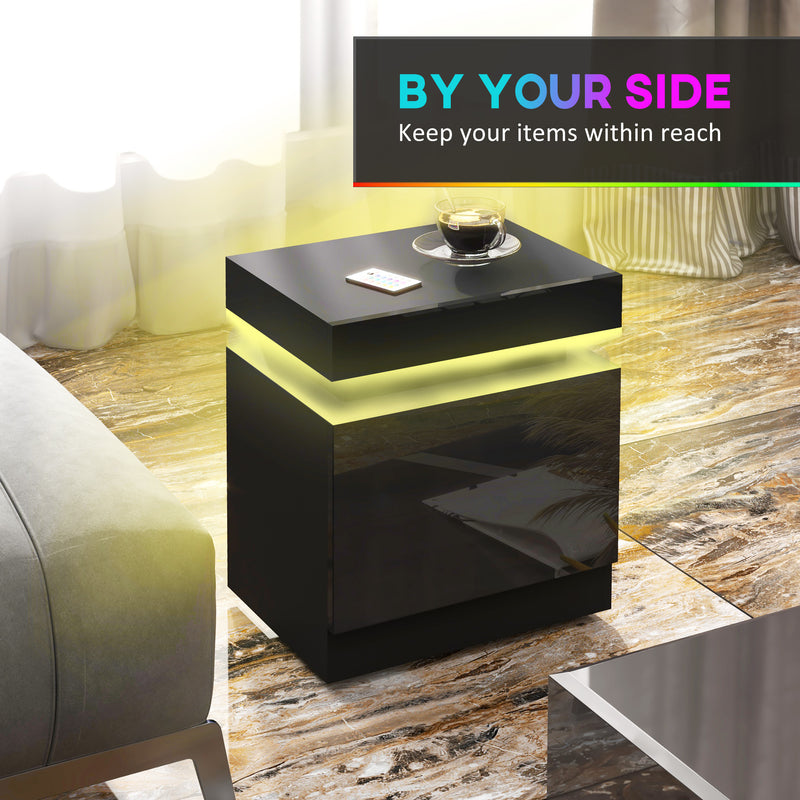 HOMCOM High Gloss Front Bedside Tables Set of 2, Nightstands with RGB LED Light and 2 Drawers, Chest of Drawers for Bedroom, Living Room, Black AOSOM