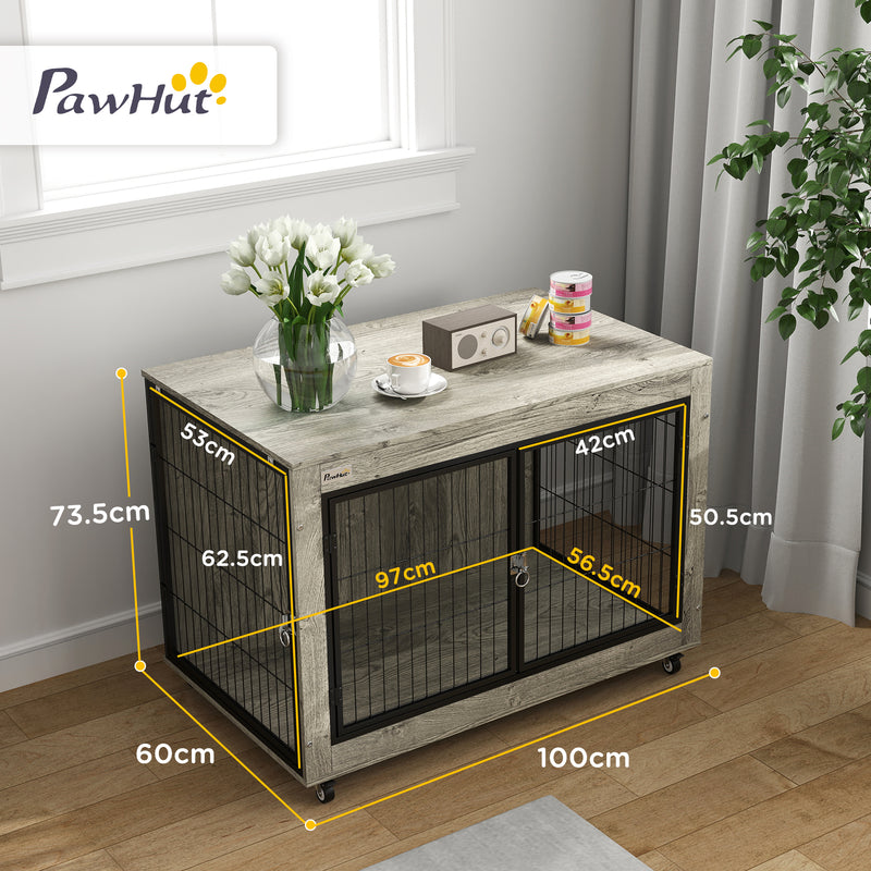 Grey Dog Crate Furniture with Wheels and Double Doors for Large Dogs 100 x 60 x 73.5cm by PawHut