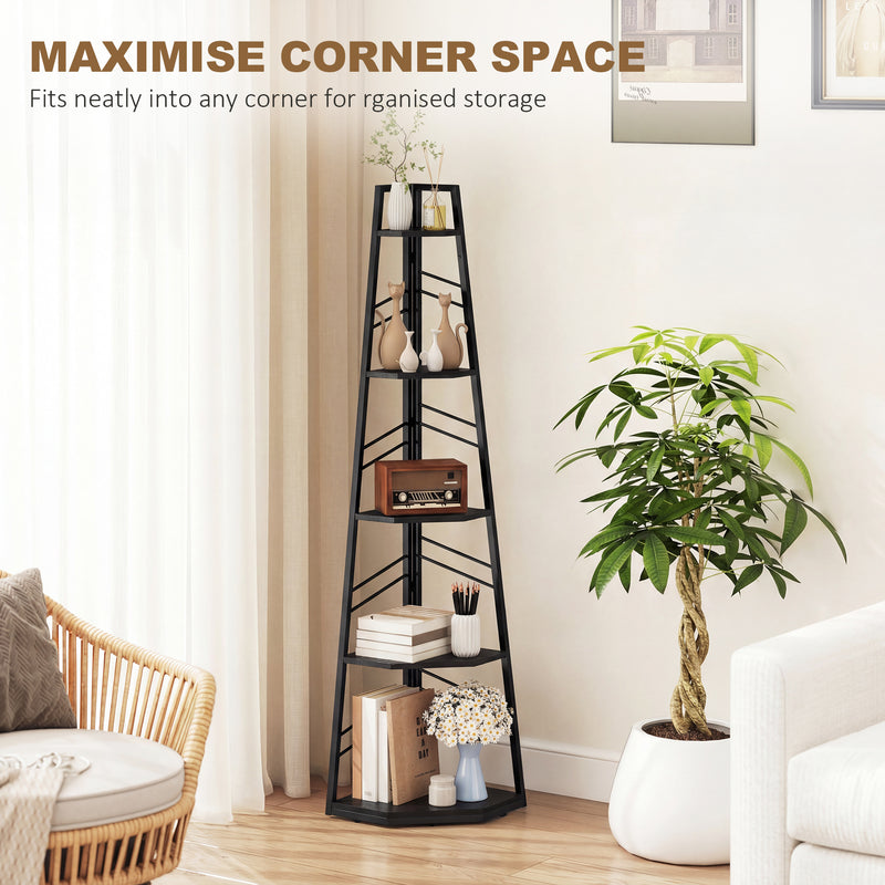 Corner Bookcase with Five Shelves for Space Saving Storage and Display Black AOSOM