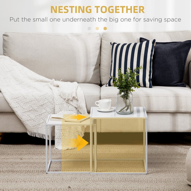 White Modern Nesting Coffee Tables Set of 2 with Steel Frame for Living Room