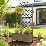 Wooden Planter with Metal Trellis and Wheels for Privacy and Climbing Plants Carbonised Finish Outsunny