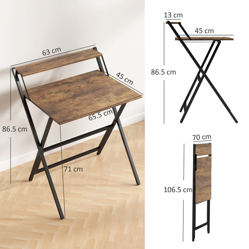 Rustic Brown Folding Computer Desk with Monitor Shelf 70 cm Space Saving Design by HOMCOM