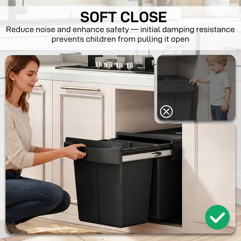 Kitchen Cupboard Pull Out Bin with Dual Compartments for Easy Waste and Recycling Black Homcom