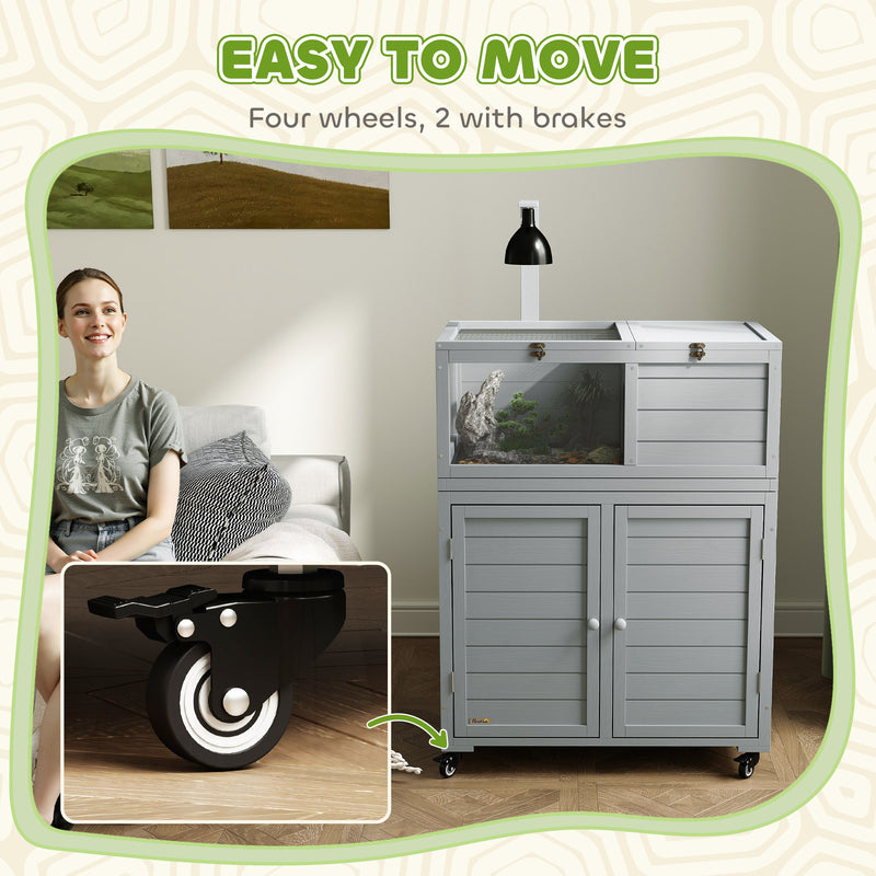 Wooden Tortoise House with Storage Cabinet Openable Top and Lamp Holder Light Grey by PawHut