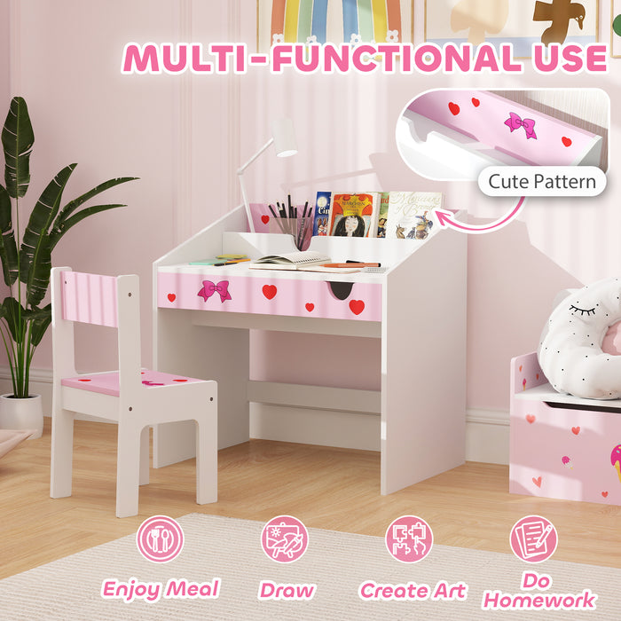Pink Kids Study Table and Chair Set With Storage and Pull-Out Drawer for Ages 3-6 by AIYAPLAY