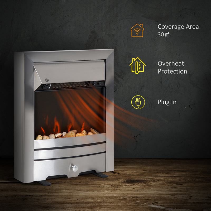 Electric Fireplace Heater with Adjustable Heat and Realistic Flame Effect Stainless Steel
