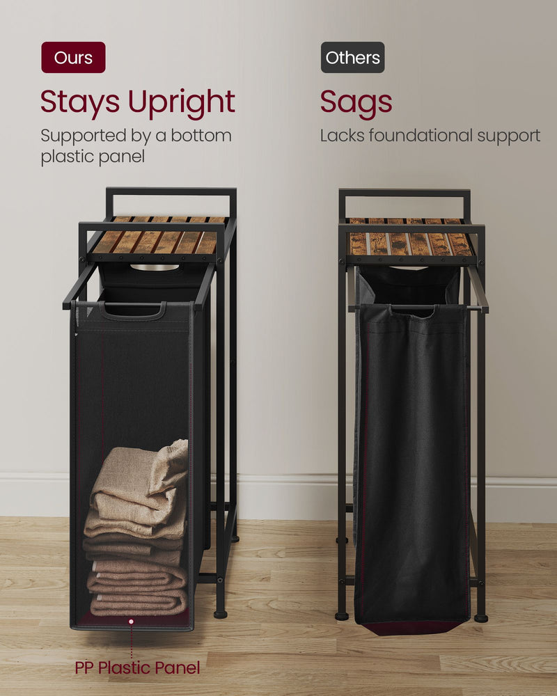 Comparison of a standing laundry hamper with and without a PP plastic panel on a wooden floor.