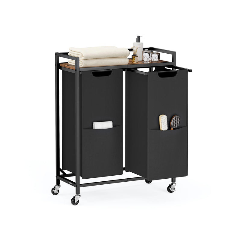 Large 110L Laundry Basket with 2 Compartments in Black and Rustic Brown by Vasagle