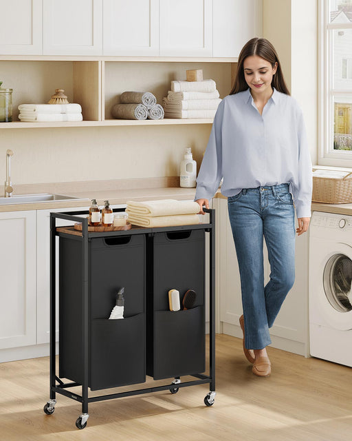 Large 110L Laundry Basket with 2 Compartments in Black and Rustic Brown by Vasagle