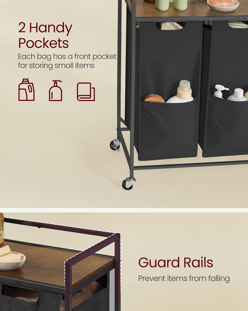 Large 110L Laundry Basket with 2 Compartments in Black and Rustic Brown by Vasagle