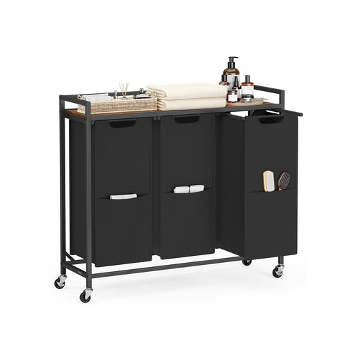 Large 165L Laundry Basket with 3 Compartments in Black and Rustic Brown by Vasagle