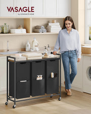 Large 165L Laundry Basket with 3 Compartments in Black and Rustic Brown by Vasagle