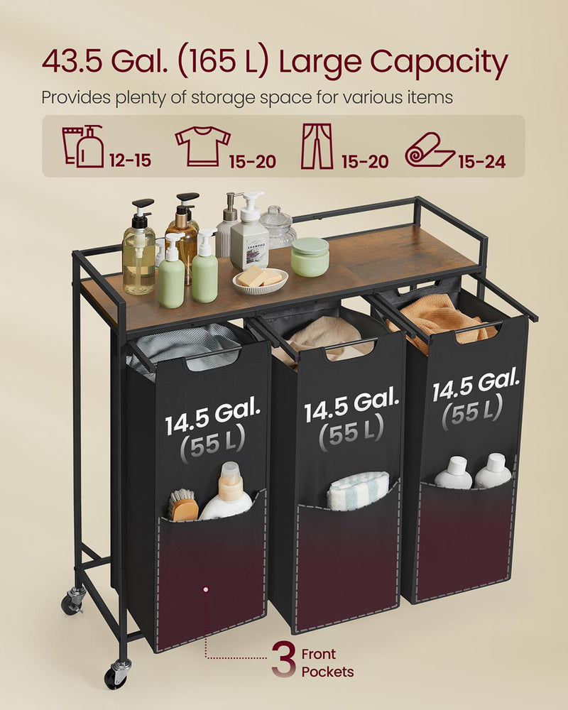 Large 165L Laundry Basket with 3 Compartments in Black and Rustic Brown by Vasagle