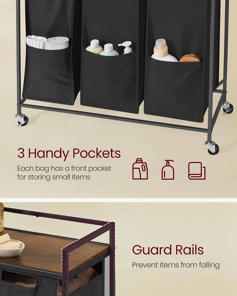 Large 165L Laundry Basket with 3 Compartments in Black and Rustic Brown by Vasagle