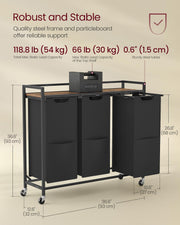 Large 165L Laundry Basket with 3 Compartments in Black and Rustic Brown by Vasagle