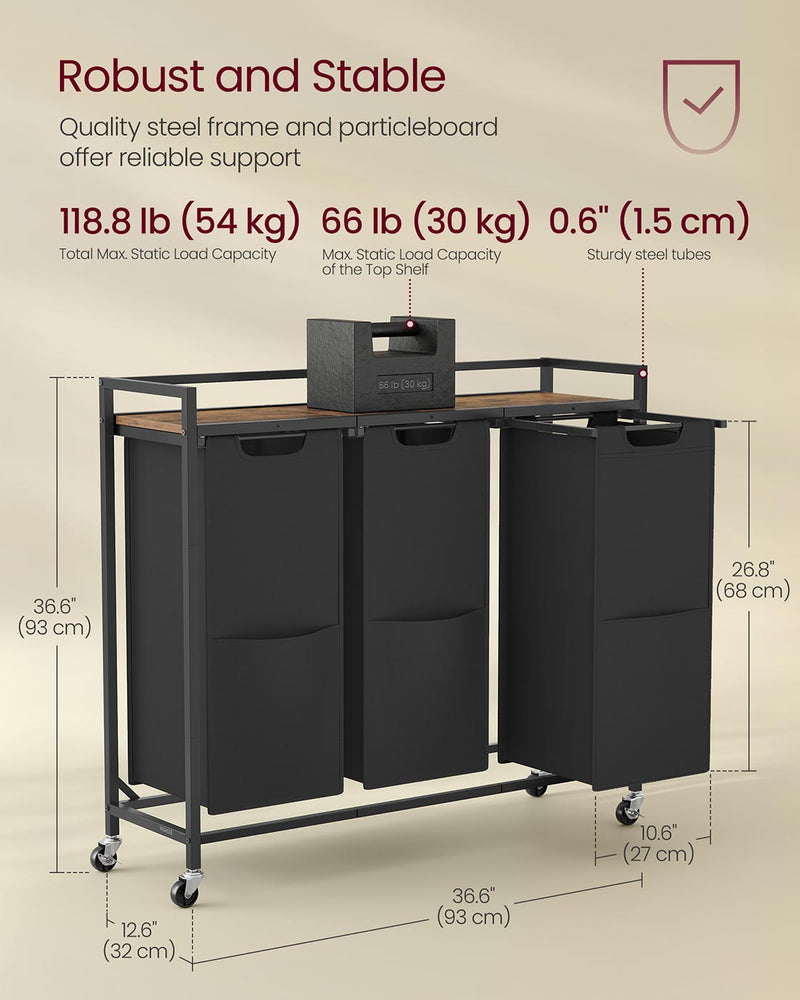 Large 165L Laundry Basket with 3 Compartments in Black and Rustic Brown by Vasagle